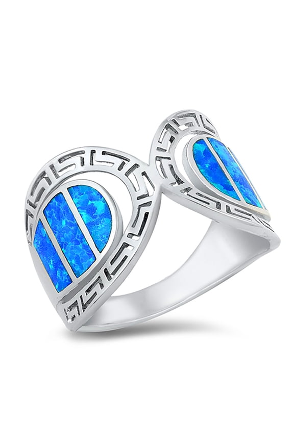 Blue Simulated Opal Green Double Design Ring Sterling Silver Size 8