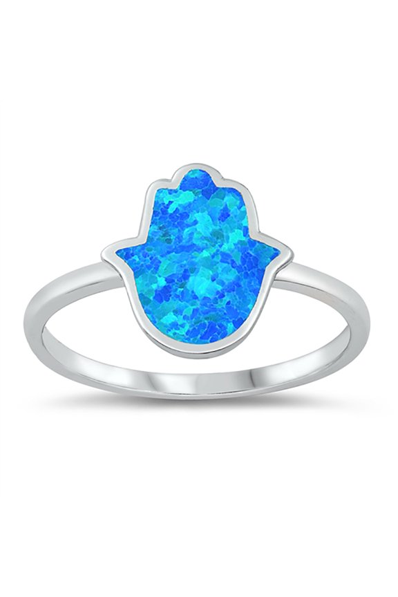 Blue Simulated Opal Hamsa Hand Ring Sterling Silver Size 8