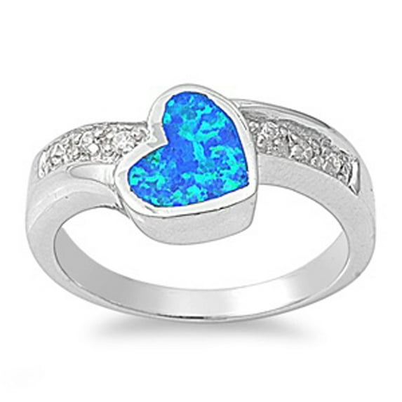 Blue Simulated Opal Heart Love Polished Ring ( Sizes 6 7 8 9 ) New .925 Sterling Silver Band Rings (Size 9)