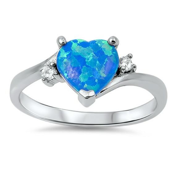 Blue Simulated Opal Heart Love Promise Ring .925 Sterling Silver Band White CZ Female Size 8