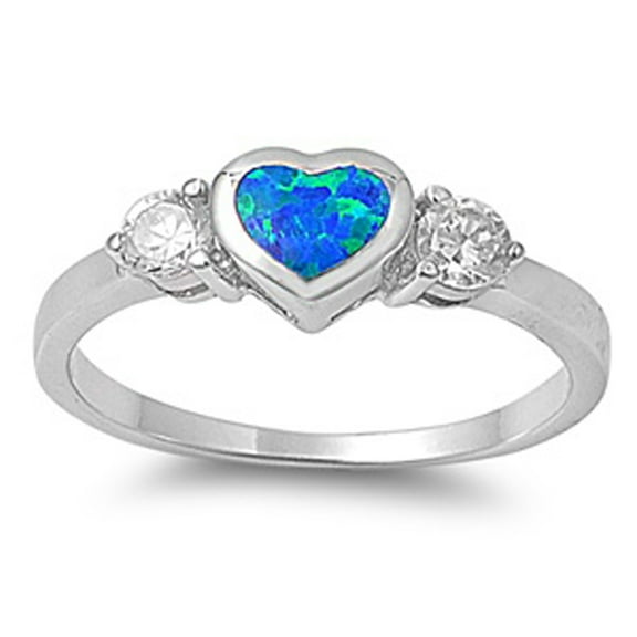 Blue Simulated Opal Heart Love Promise Ring .925 Sterling Silver Thumb Band White CZ Female Size 5