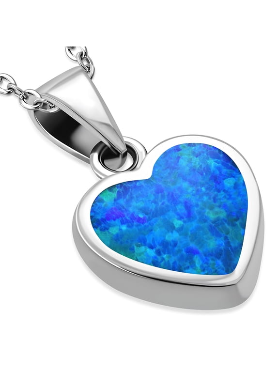 Blue Simulated Opal Heart Pendant Necklace 925 Sterling Silver, 18"
