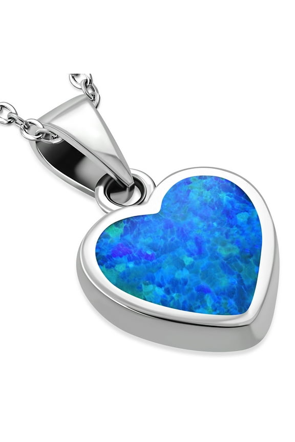 Blue Simulated Opal Heart Pendant Necklace 925 Sterling Silver, 18"
