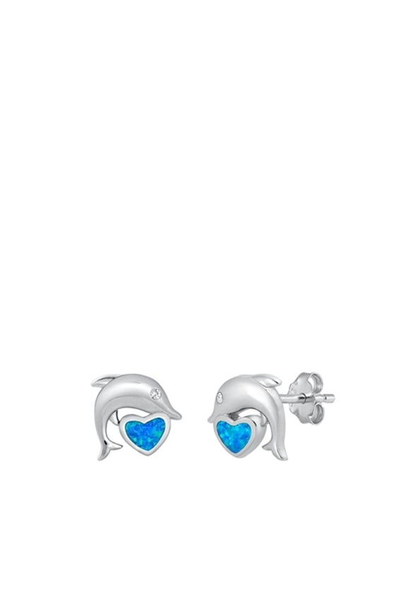Blue Simulated Opal Heart Sterling Silver Dolphin Studs Heart Love Earrings 925 New Jewelry Female