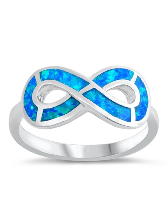 Blue Simulated Opal Infinity Water Wave Ring .925 Sterling Silver Band CZ Jewelry Female Size 8