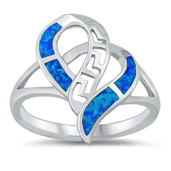 Blue Simulated Opal Intertwined Greek Design Ring Sterling Silver Size 10