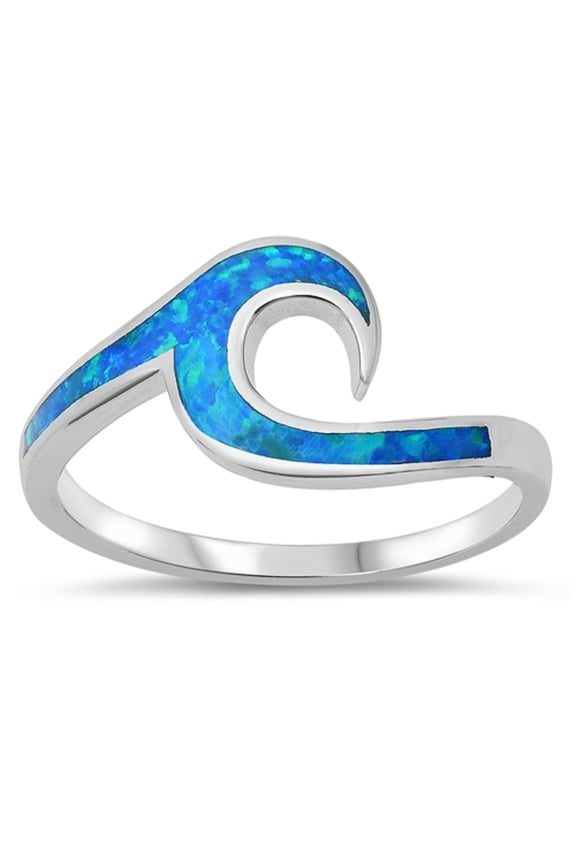 Blue Simulated Opal Ocean Wave Ring Sterling Silver Size 7