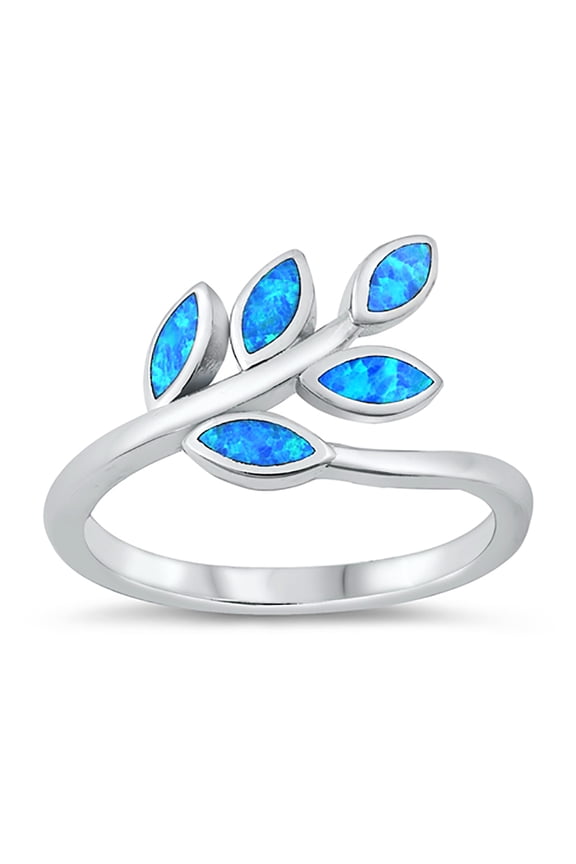 Blue Simulated Opal Olive Branch Ring Sterling Silver Size 10