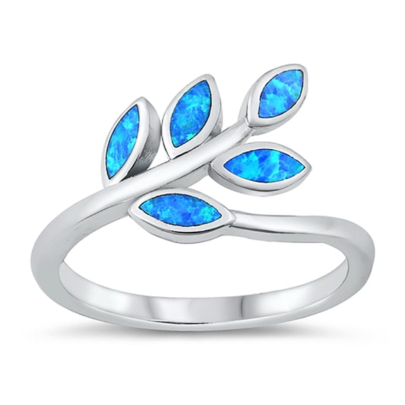 Blue Simulated Opal Olive Branch Ring Sterling Silver Size 9
