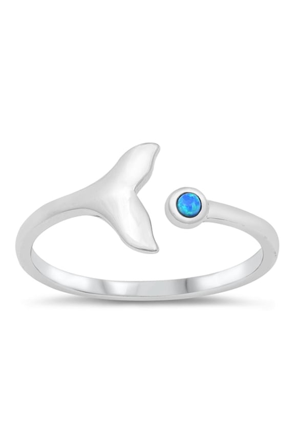 Blue Simulated Opal Open Dolphin Whale Tail Ocean Ring .925 Sterling Silver CZ Female Size 5
