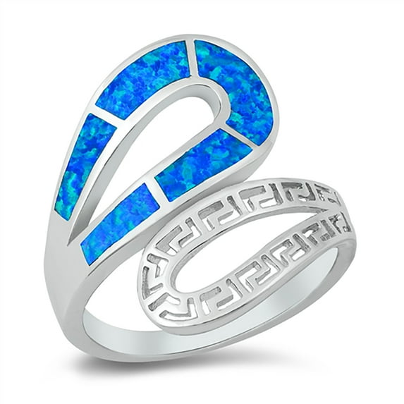 Blue Simulated Opal Open Overlap Greek Design Ring Sterling Silver Size 6