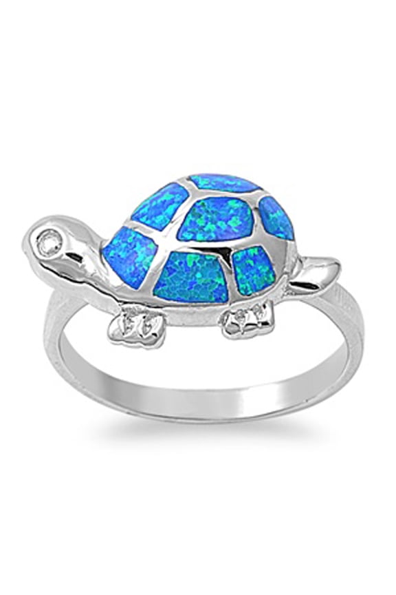 Blue Simulated Opal Turtle Pet Ring .925 Sterling Silver Band Cubic Zirconia Jewelry Female Size 5