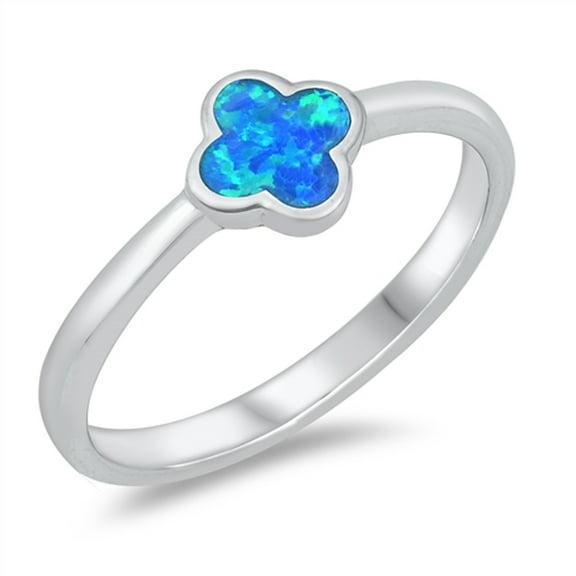 Blue Simulated Opal Quatrefoil Flower Ring .925 Sterling Silver Band CZ Jewelry Female Size 6