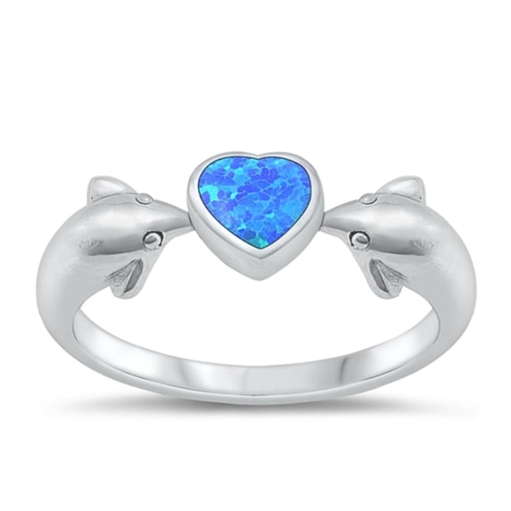 Blue Simulated Opal Ring 925 Sterling Silver Heart Dolphin Band CZ Jewelry Female Size 10