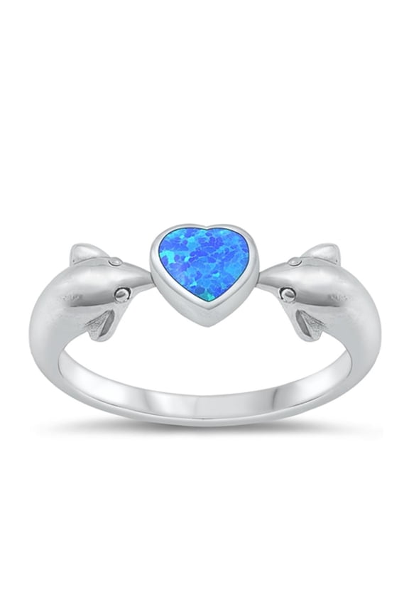 Blue Simulated Opal Ring 925 Sterling Silver Heart Dolphin Band Cubic Zirconia Jewelry Female Size 8