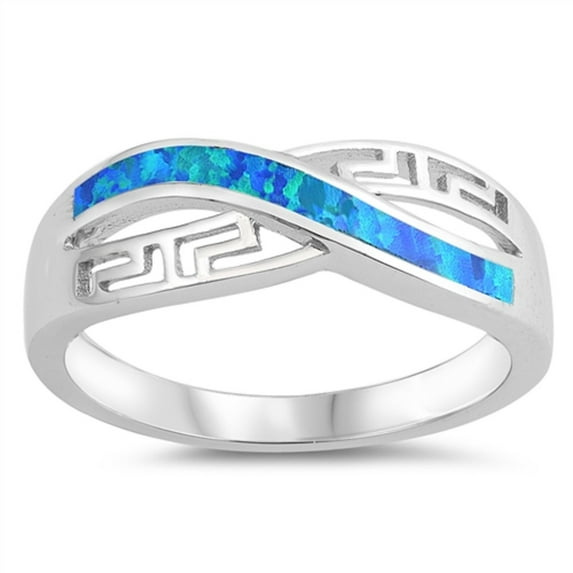 Blue Simulated Opal Roman Pattern Ring Sterling Silver Size 6