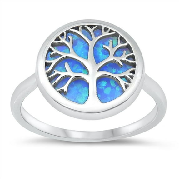 Blue Simulated Opal Round Tree Of Life Ring Sterling Silver Size 4