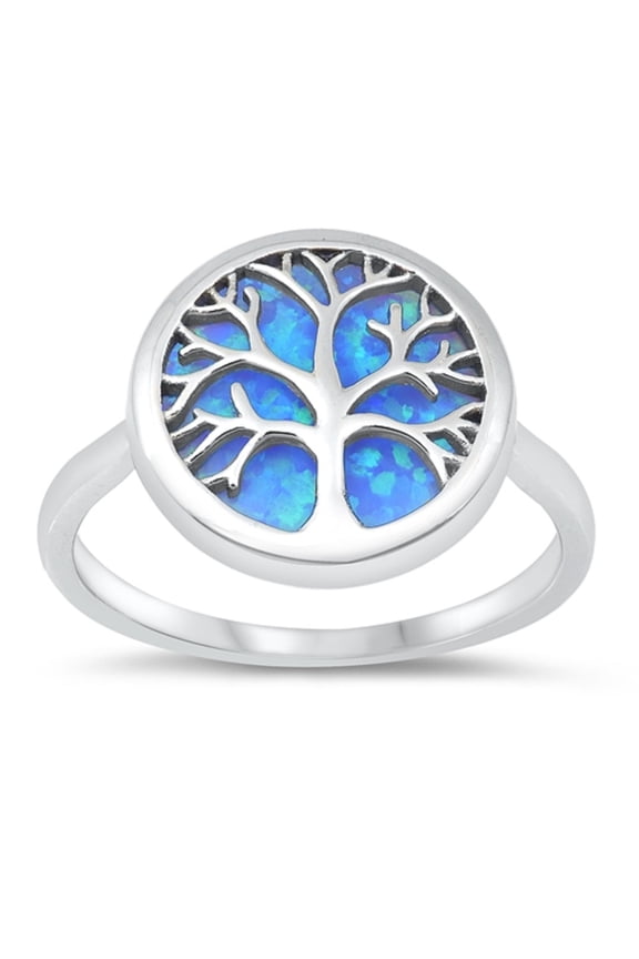 Blue Simulated Opal Round Tree Of Life Ring Sterling Silver Size 7