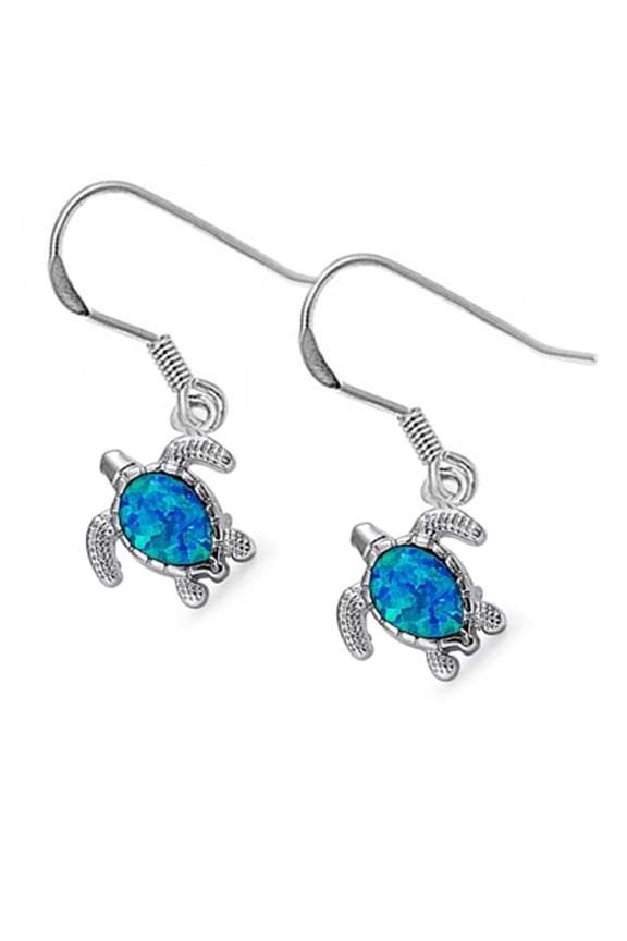 Blue Simulated Opal Sea Turtle Fishook Earrings Sterling Silver