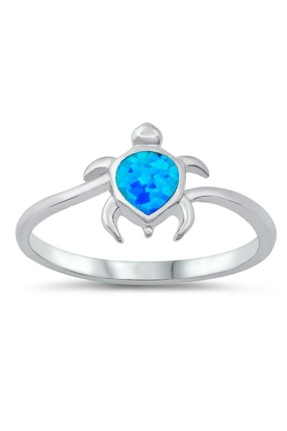 Blue Simulated Opal Sea Turtle Ring Sterling Silver Size 6