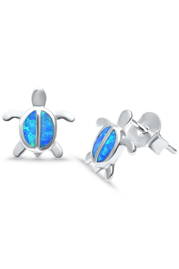 Blue Simulated Opal Sea Turtle Stud Earrings Sterling Silver