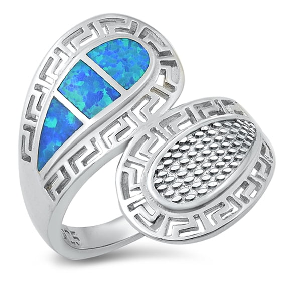 Blue Simulated Opal Spoon Wrap Greek Key .925 Sterling Silver Band CZ Jewelry Female Size 9