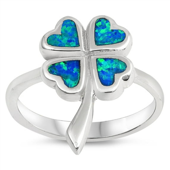Blue Simulated Opal St. Patrick Clover Heart Ring .925 Sterling Silver Band CZ Female Size 9