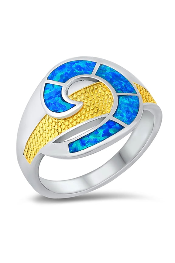 Blue Simulated Opal Swirl Aztec Design Ring Two Tone Plated Sterling Silver Size 7