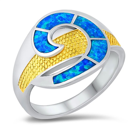 Blue Simulated Opal Swirl Aztec Design Ring Two Tone Plated Sterling Silver Size 8