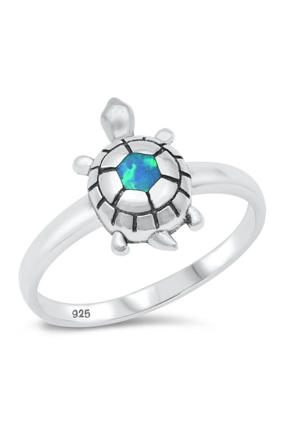 Blue Simulated Opal Turtle Ring .925 Sterling Silver Band Cubic Zirconia Jewelry Female Male Size 4