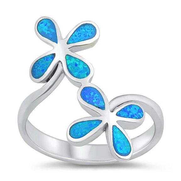 Blue Simulated Opal Twin Overlap Flower Ring Sterling Silver Size 10