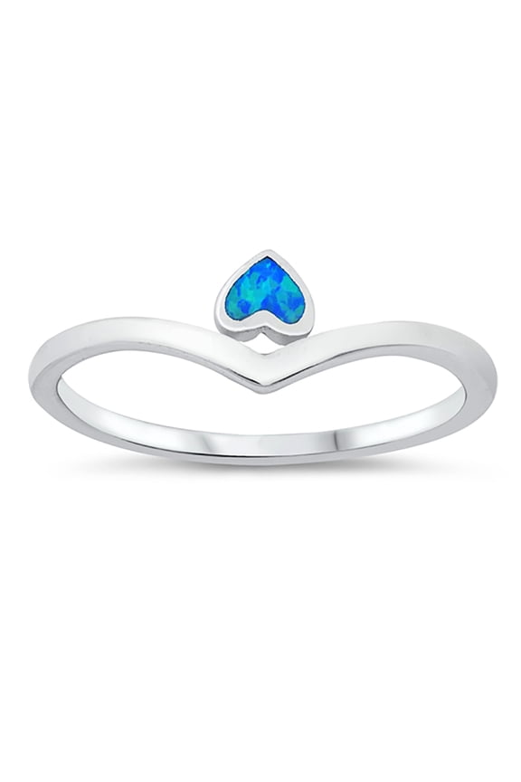 Blue Simulated Opal Upside Down Heart Ring Sterling Silver Size 7