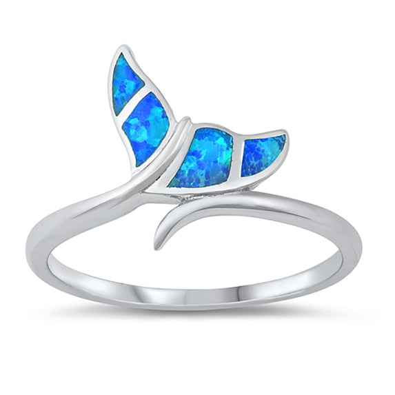 Blue Simulated Opal Whale Tail Ring Sterling Silver Size 6