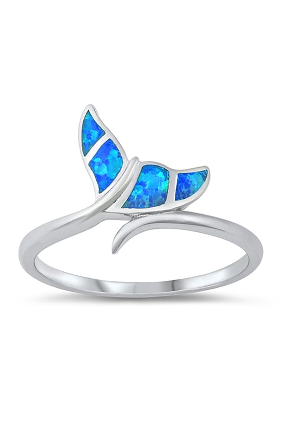Blue Simulated Opal Whale Tail Ring Sterling Silver Size 8