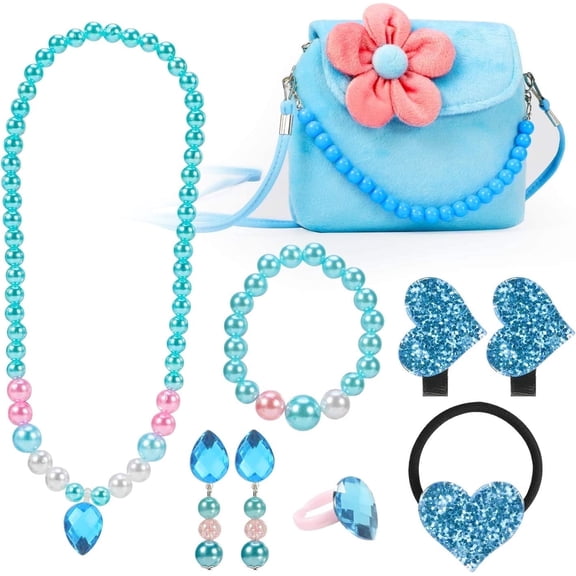 Blue Simulated Pearl Princess Jewelry Toys Set with Plush Crossbody Bag