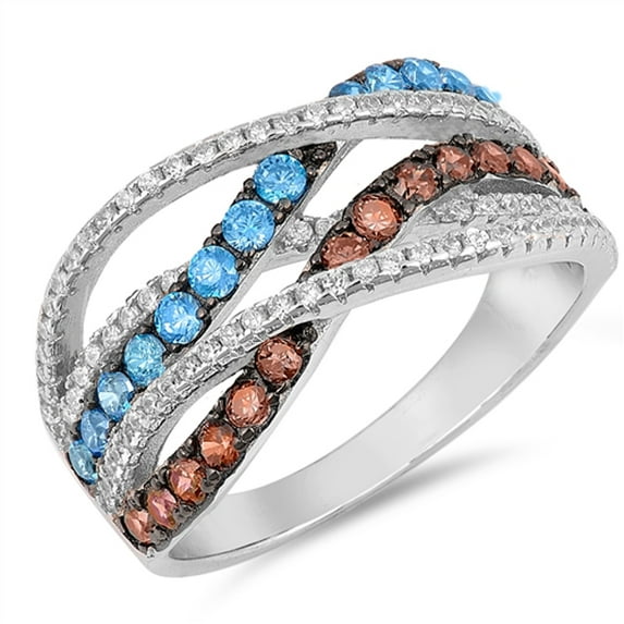 Blue Simulated Sapphire Criss Cross Layered Ring .925 Sterling Silver Band CZ Female Size 8