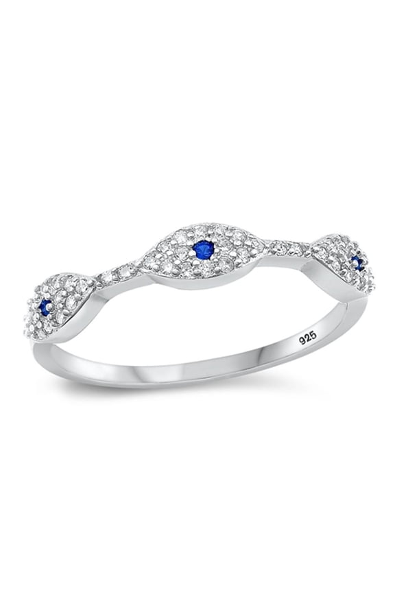 Blue Simulated Sapphire Evil Eye Ring .925 Sterling Silver Band Cubic Zirconia Jewelry Female Size 4