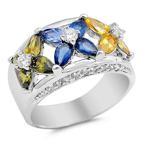 Blue Simulated Sapphire Flower Ring .925 Sterling Silver Band Cubic Zirconia Jewelry Female Size 7