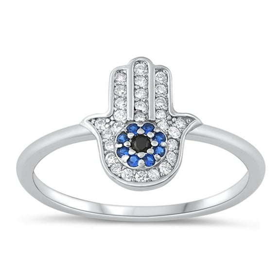 Blue Simulated Sapphire Ring .925 Sterling Silver Hamsa Band Cubic Zirconia Jewelry Female Size 9