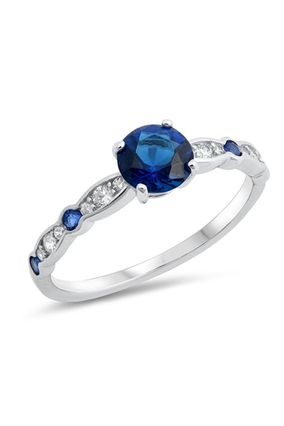 Blue Simulated Sapphire Round Solitaire Vibrant Ring Sterling Silver Band CZ 925 Female Size 8