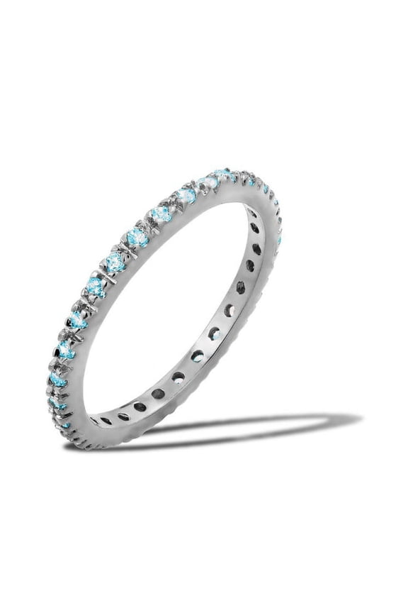 Blue Simulated Topaz Cubic Zirconia December Birthstone Inlay Eternity Ring Sterling Silver Size 8