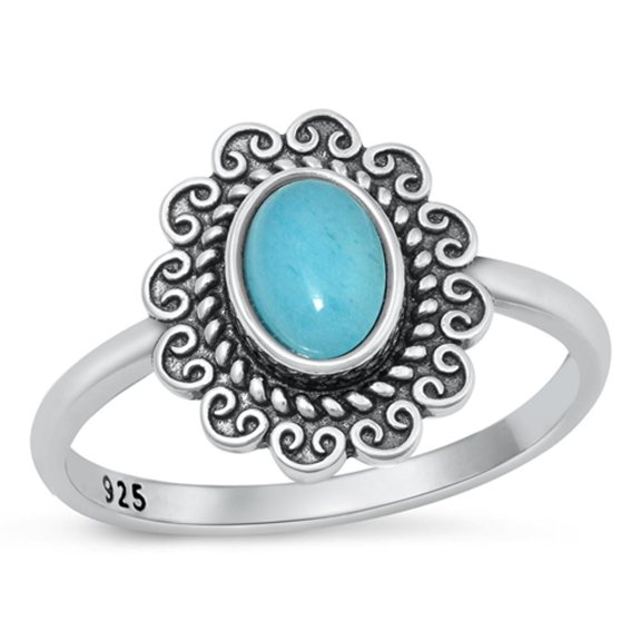 Blue Simulated Topaz Oxidized Bali Ring .925 Sterling Silver Band CZ Jewelry Female Size 8