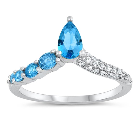 Blue Simulated Topaz Teardrop Pear Chevron Pointed Ring Sterling Silver Band CZ Female Size 5