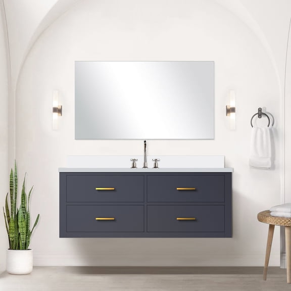 Blue Single Bathroom Vanity 48" W X 22" D, White Quartz Top, Faucet, Soft Close, Solid Wood & Prominent Object Bath 48"w 22"d, Countertop, With Panels