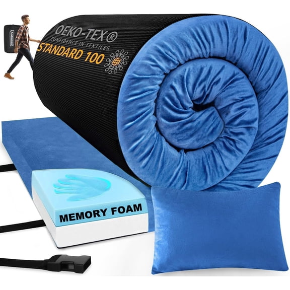 Blue Single Sleeping Pad, 3-Inch Thick Memory Foam Camping Mat with Waterproof Bottom, Portable Roll-Up for Car Tent Floor Cot Travel