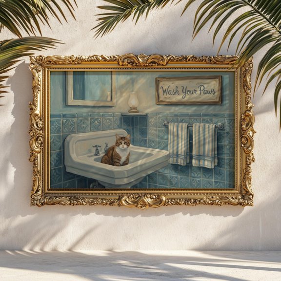 Blue Sink Tabby Print Cat Bathroom Art Retro Bathroom, Unframed Paper Print