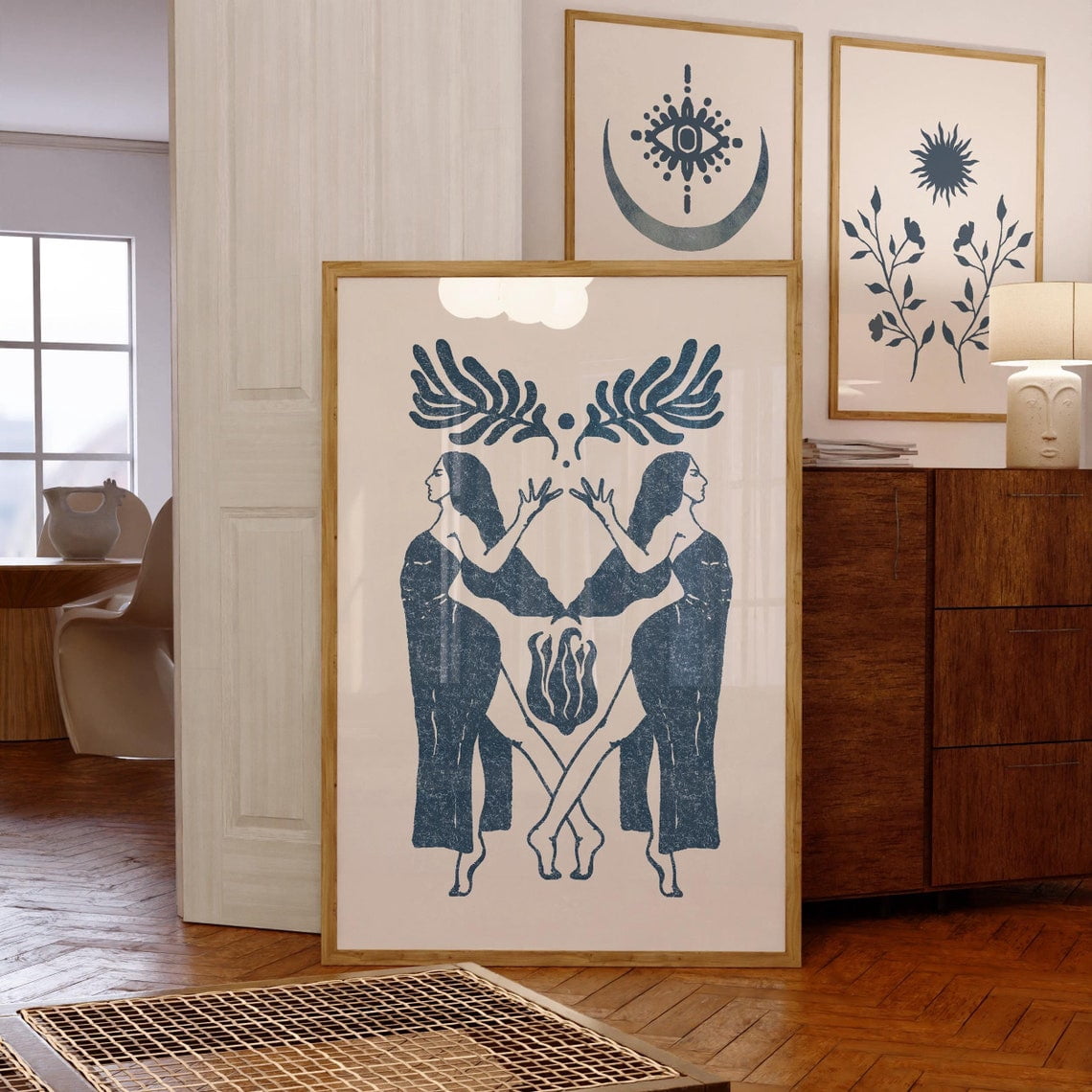 Blue Sisterhood Wall Art Print, Bohemian Feminine Figures Illustration ...
