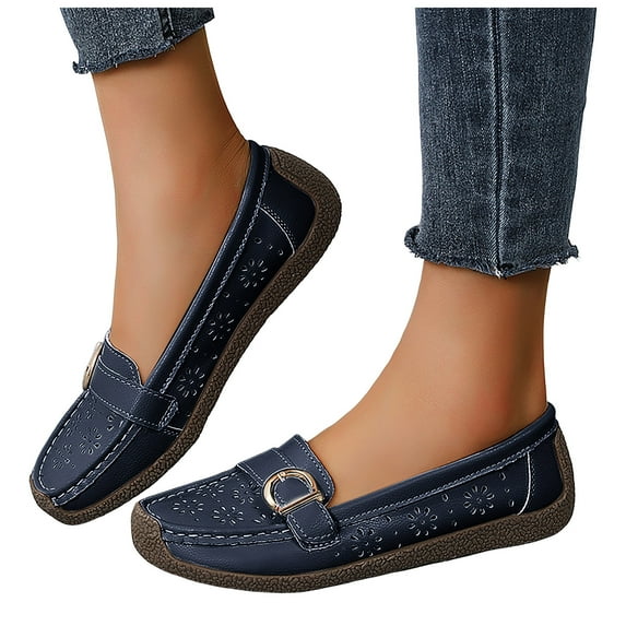 Loafers for Women Classic Leather Square Toe Casual Slip On Flat Dress Shoes Comfortable Hollow Out Soft Sole Walking Shoes Blue Size 9