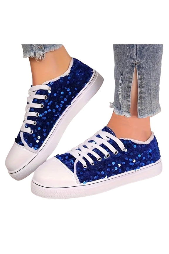 Women's Glitter Sequins Sparkly Lightweight Lace Up Canvas Shoes Low Top Platform Slip On Sneakers Non Slip Casual Walking ShoesBlue Size 9