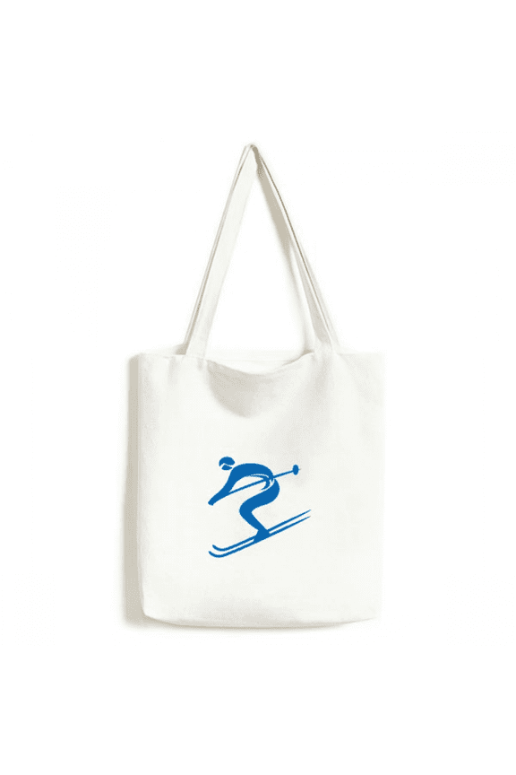 Blue Skiing Winter Sport Outline Tote Canvas Bag Shopping Satchel Casual Handbag